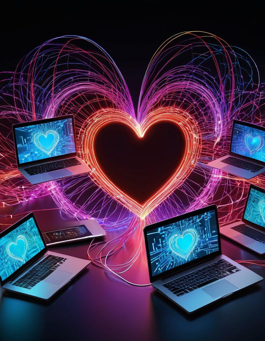 A heart made of intertwined digital circuits symbolizing connectivity, surrounded by diverse individuals interacting through laptops and smartphones, showcasing love and community. In the background, a glowing network of lines representing online communication flows seamlessly. Vivid colors. 3D. Modern aesthetics.