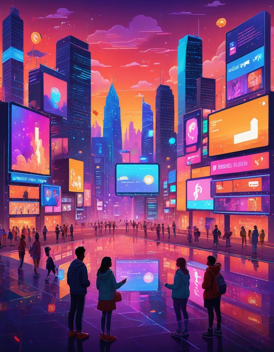 A vibrant digital landscape representing virtual friendships, featuring diverse characters connecting through glowing screens and holographic displays. Incorporate elements like social media icons, chat bubbles, and a colorful skyline in the background to symbolize community engagement. The scene should radiate warmth and connection, emphasizing inclusivity and communication. pixel art. vibrant colors. dynamic composition.