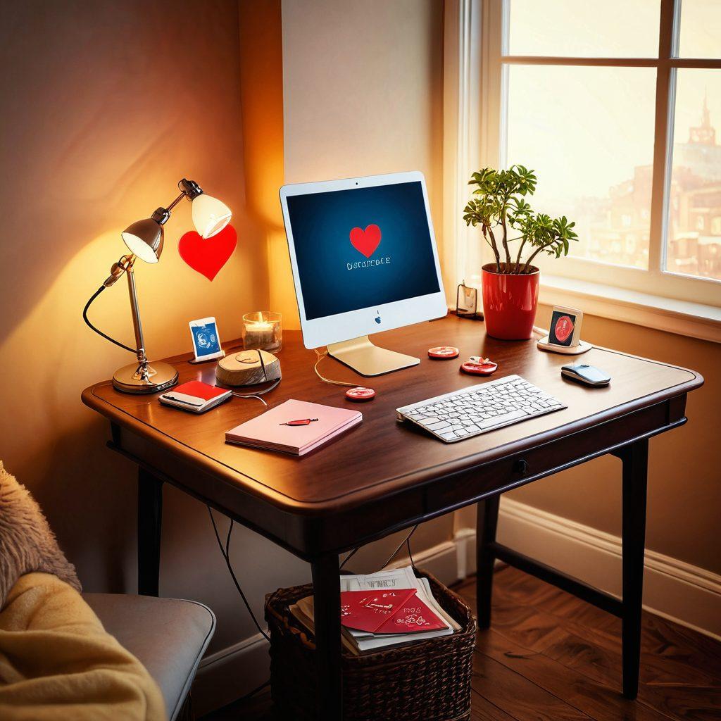 A cozy, vintage desk with an open love letter, surrounded by modern gadgets like a smartphone and tablet showing social media icons. A warm glow emanates from a desk lamp, casting soft light on the letter, symbolizing the connection between old and new forms of communication. A backdrop of a digital landscape with hearts floating in the air, blending romance with technology. super-realistic. warm colors. soft focus.
